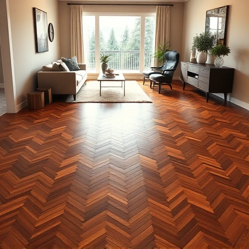 Custom hardwood flooring installation in Lake in the Hills, IL featuring dark oak herringbone pattern in a cozy living space.