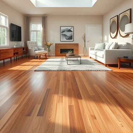 Glue-Down Hardwood Floor Installation in a modern Algonquin living room with polished planks and stylish decor.