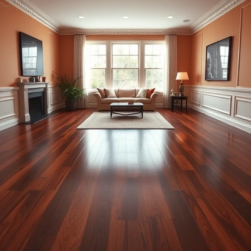 Custom hardwood flooring in a spacious Woodstock IL living room with dark oak floors, warm walls, and elegant decor.