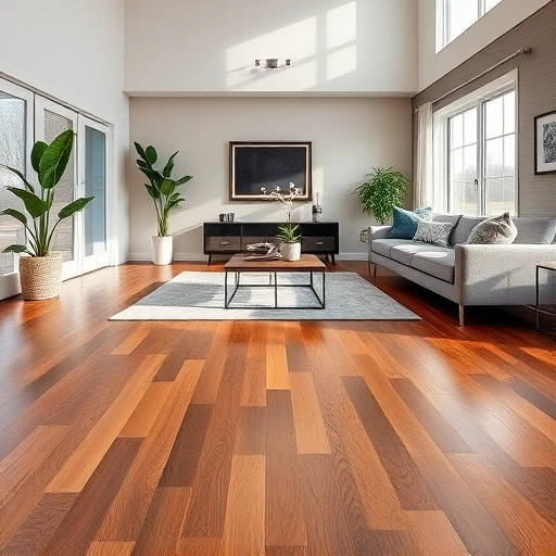 Hardwood flooring in a modern living room with dark oak planks, elegant furniture, and natural light in Fox River Grove IL.