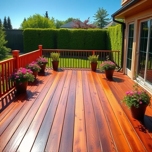 Beautifully stained wooden deck in Algonquin IL, surrounded by lush greenery and vibrant flowers under soft sunlight.