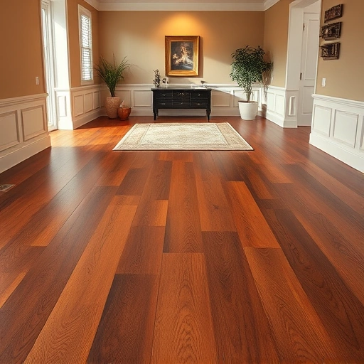 Completed hardwood flooring installation in a softly lit room in Huntley IL, showcasing rich tones and intricate grain patterns.