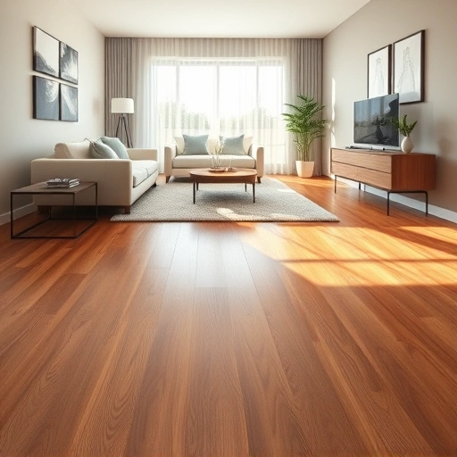 Hardwood flooring installation in Palatine IL with rich tones, modern decor, and natural light creating an inviting space.