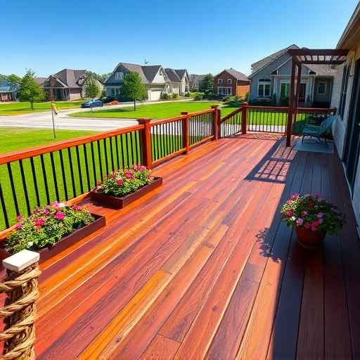 Beautifully finished wooden deck glistens in sunlight surrounded by vibrant flower beds in a tranquil neighborhood.
