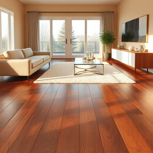 Modern living room in Waukegan IL featuring dark oak hardwood flooring, minimalistic decor, and natural light.