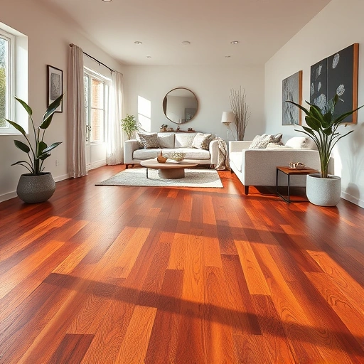 Completed hardwood flooring installation in a modern living room with rich mahogany planks and natural light.