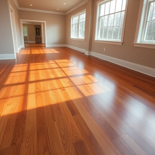 Spacious room in Algonquin IL with polished hardwood flooring, warm tones, and natural light from large windows.