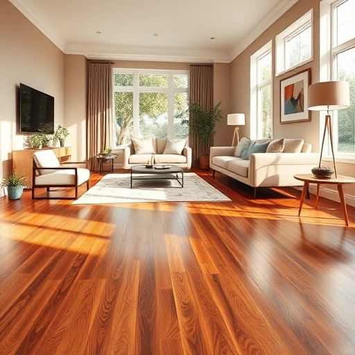 Custom hardwood flooring installation in Bloomingdale IL showcases polished floors and a stylish, inviting living room.