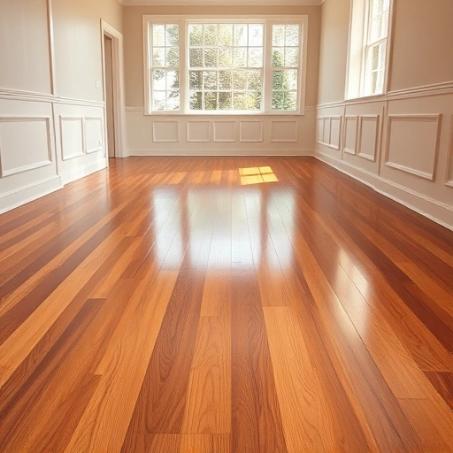 Floating hardwood floor installation in Algonquin IL, showcasing polished wood, warm tones, and stylish trim in a spacious room.