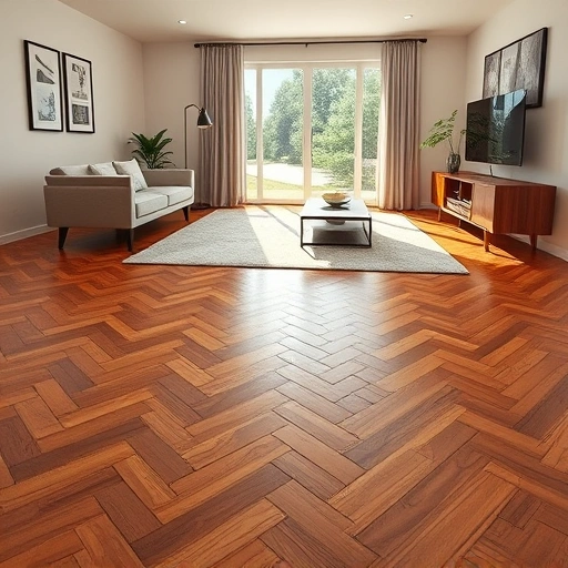 Completed hardwood flooring installation in a modern living room with polished oak planks in herringbone pattern.
