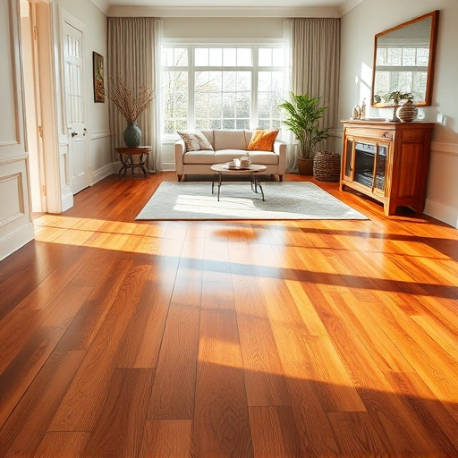 Hardwood floor in Algonquin IL with rich tones, glossy finish, elegant trim, and minimalistic living room decor.