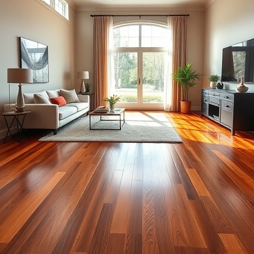 Custom hardwood flooring installation in a spacious Palatine living room with warm tones and natural light.
