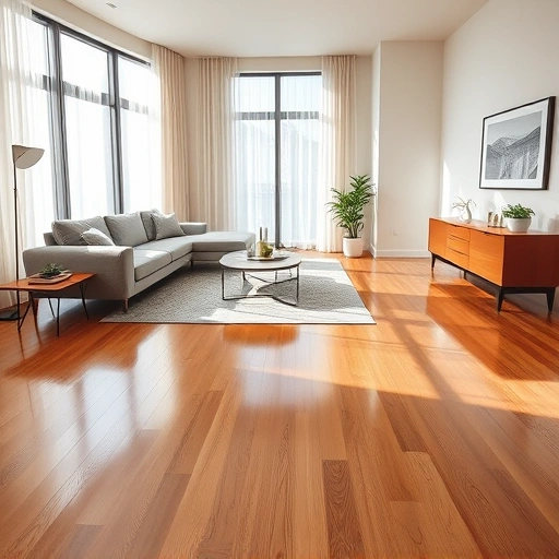 Elegant living room in Round Lake IL with rich oak hardwood flooring, gray sofa, and minimalist decor.