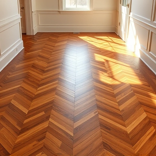 Custom hardwood flooring installation in Algonquin IL with polished herringbone pattern and warm brown tones.
