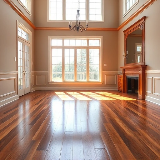 Spacious room featuring warm-toned hardwood floors gleaming in natural light with seamless installation and elegant baseboards.