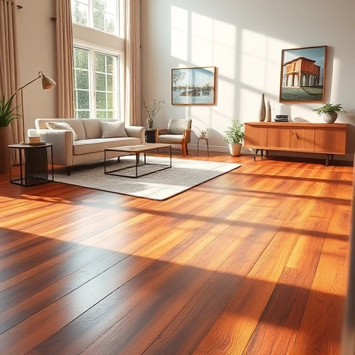 Floating hardwood floor installation in a stylish Algonquin living room with natural light and elegant decor.