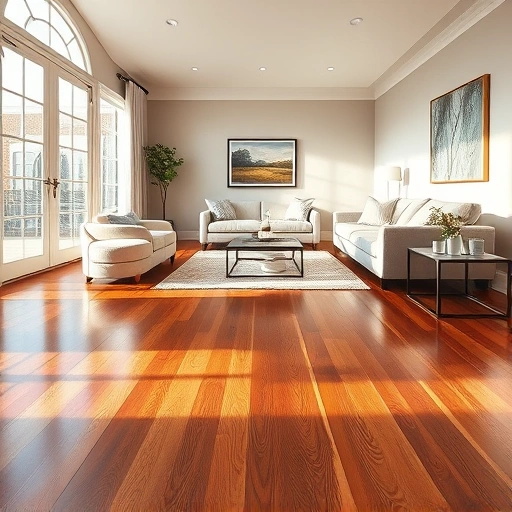 Elegant living room with polished hardwood floors, large windows, modern furniture, and neutral decor in Schaumburg IL.