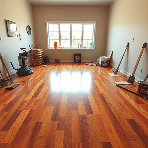 Freshly polished hardwood floor in Algonquin IL with tools arranged neatly, showcasing rich grain and warm tones.