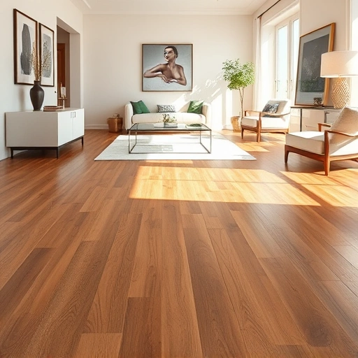 Hardwood flooring installation in Woodstock IL with polished oak planks and elegant interior decor in soft light.