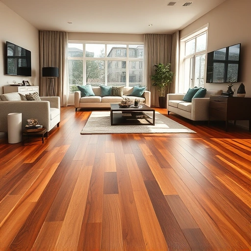 Solid hardwood floor installation in a modern Algonquin living room with rich tones and polished finish.