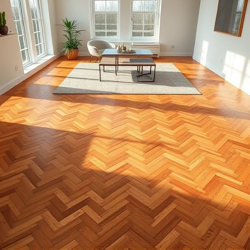 Hardwood flooring installation in Bartlett IL featuring polished oak planks in herringbone pattern with minimal decor.