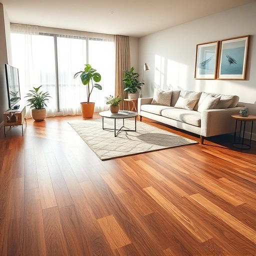 Hardwood flooring installation in a modern Waukegan living room featuring rich tones and contemporary decor.