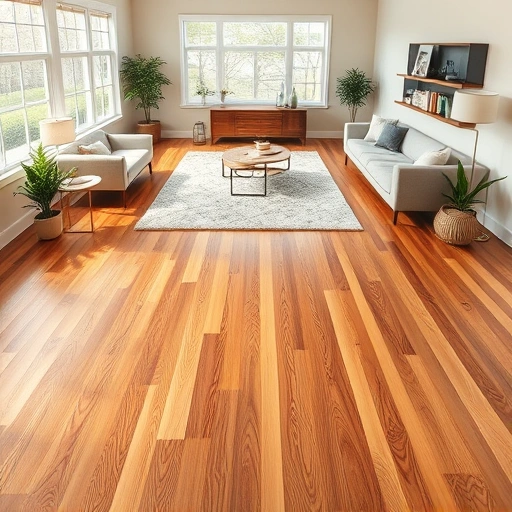 Custom hardwood flooring installation in Bartlett IL with rich warm tones, intricate grain patterns, and modern decor.