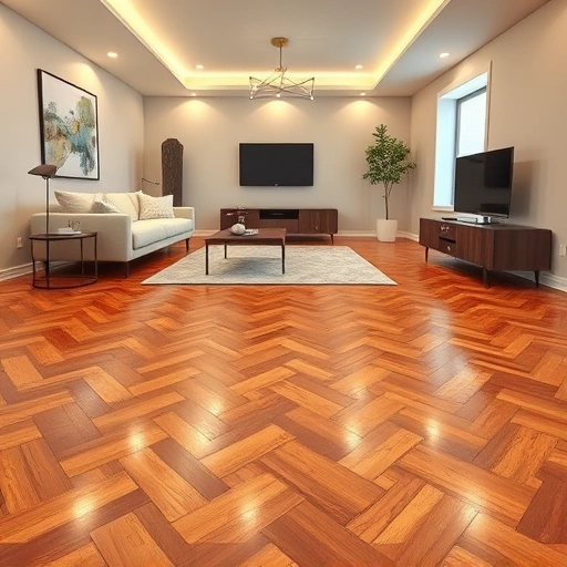 Hardwood flooring installation in Carpentersville IL featuring herringbone pattern, warm wood tones, and modern decor.