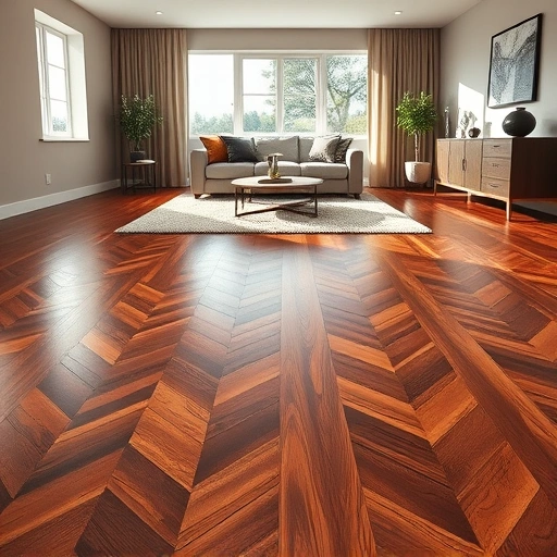 Hardwood flooring installation in East Dundee IL featuring dark oak planks in herringbone pattern with contemporary decor.