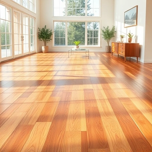 Spacious room with warm-toned hardwood flooring, sunlight reflecting off polished surface, minimal decor enhances elegance.