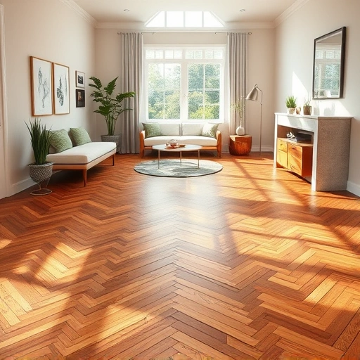 Custom hardwood flooring installation in South Elgin IL featuring herringbone pattern and elegant decor in natural light.