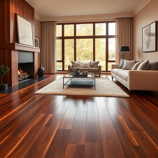 Custom hardwood flooring installation in a luxurious Highland Park living room with dark oak planks and elegant decor.