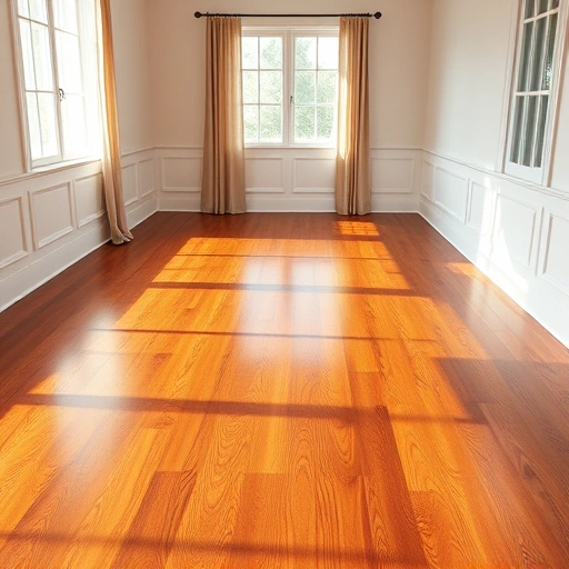 Beautifully restored wooden floor in Algonquin IL with glossy finish, intricate grain, and elegant white baseboards.