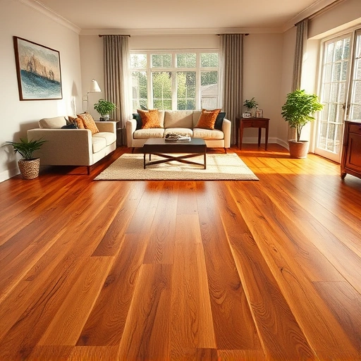 Custom hardwood flooring installation in an elegant living room with warm tones and stylish furniture in Algonquin IL.