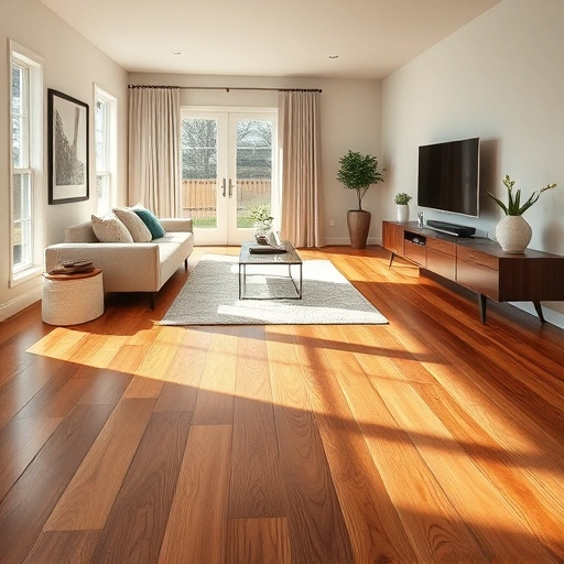 Hardwood flooring installation in a modern living room featuring warm tones, elegant furnishings, and inviting ambiance.