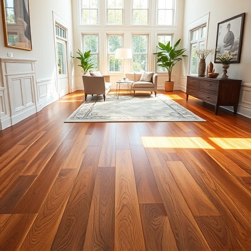Custom hardwood flooring installation in a Lake Forest living room with polished wood, natural light, and modern decor.