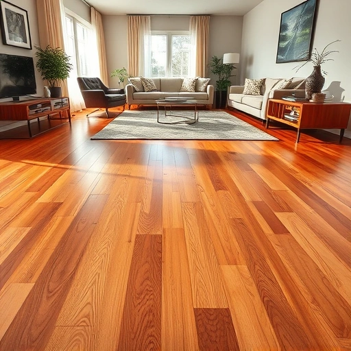 Custom hardwood flooring installation in a chic living room with warm tones, modern decor, and natural light.