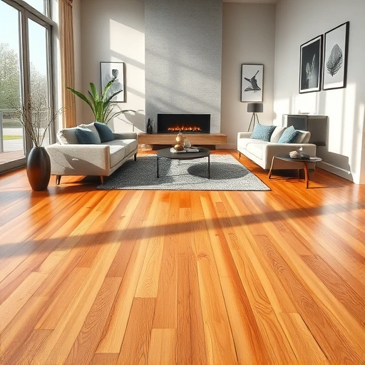Hardwood flooring installation in a modern living room with oak tones, elegant furnishings, and a sleek fireplace.