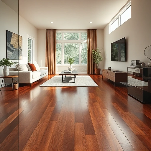 Elegant living room in Inverness, IL with dark oak hardwood flooring, modern furniture, and natural light ambiance.