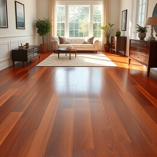 Solid hardwood floor installation in Algonquin IL with rich tones, high-gloss finish, and modern decor accents.