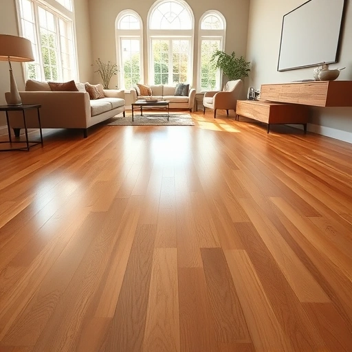 Gleaming golden oak hardwood floor in modern room with elegant windows, minimalistic furniture, and warm lighting.