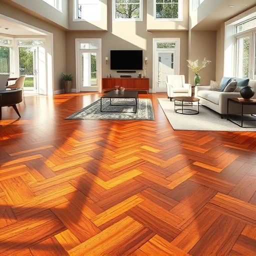 Custom hardwood flooring installation in Fox River Grove IL with herringbone pattern and elegant decor in natural light.