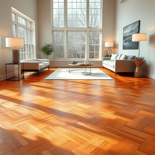 Hardwood flooring in Highland Park IL features polished oak in herringbone pattern with modern minimalist decor.
