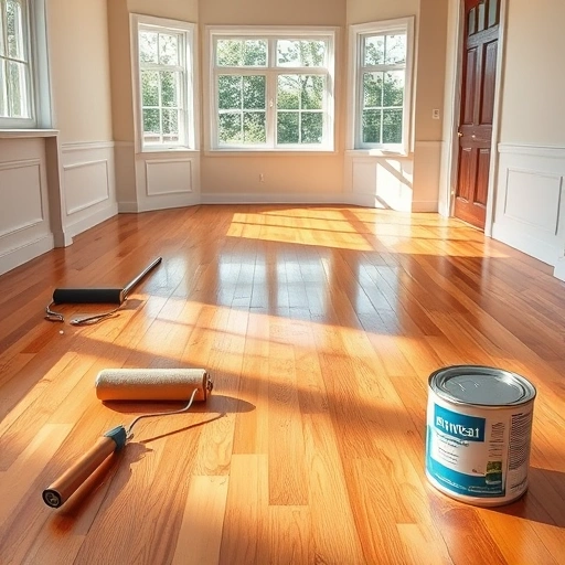 Gleaming polished hardwood floor in a bright room with tools, showcasing a recent water-based finish application.