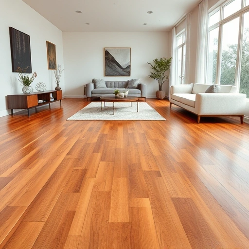 Custom hardwood flooring installation in a bright living room with rich tones, seamless joints, and modern decor.