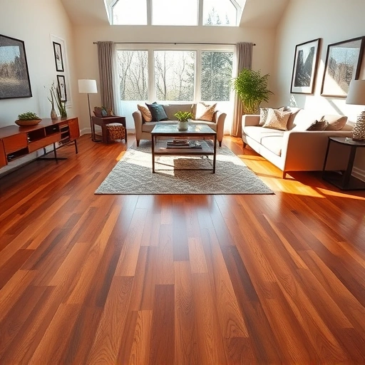 Spacious modern living room in Lake in the Hills IL featuring rich hardwood floors, minimalistic decor, and natural light.