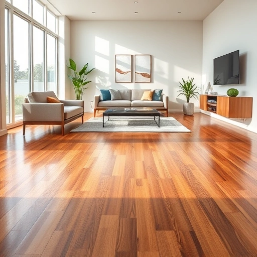 Completed hardwood flooring installation in a modern living room with warm tones and contemporary decor in Hanover Park IL.