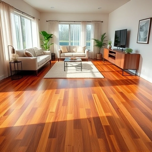 Custom hardwood flooring installation in a stylish living room with warm tones, modern decor, and natural light.