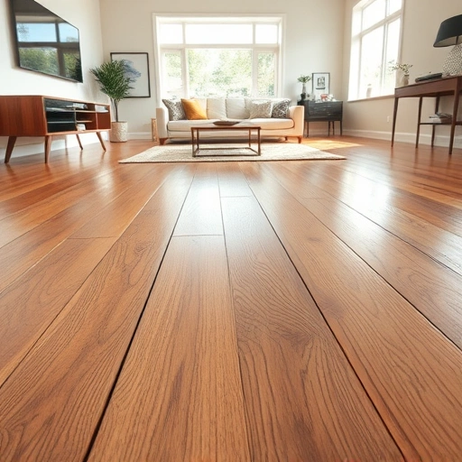 Close-up of a restored hardwood floor in a modern living room, showcasing seamless joints and rich wood grain.