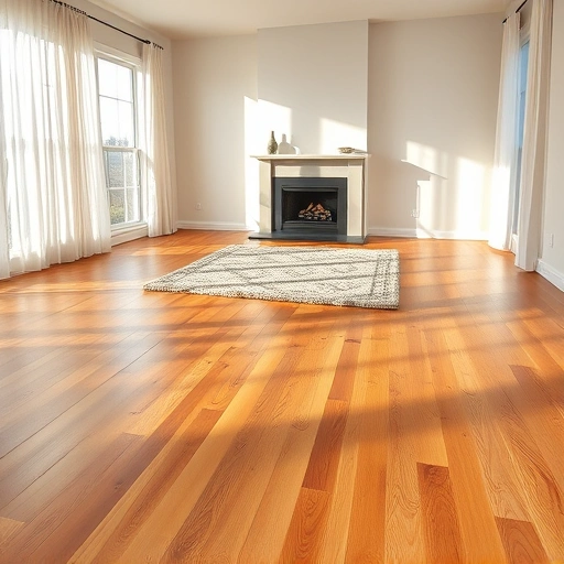 Prefinished hardwood floor installation in a bright Algonquin living room with a modern fireplace and neutral decor.